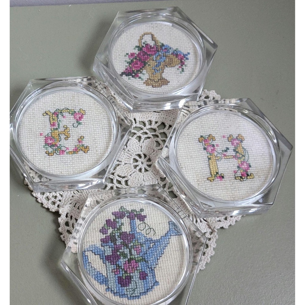 Vintage Cross Stitch Coasters Set of 4 Floral Monogram Acrylic Needlepoint